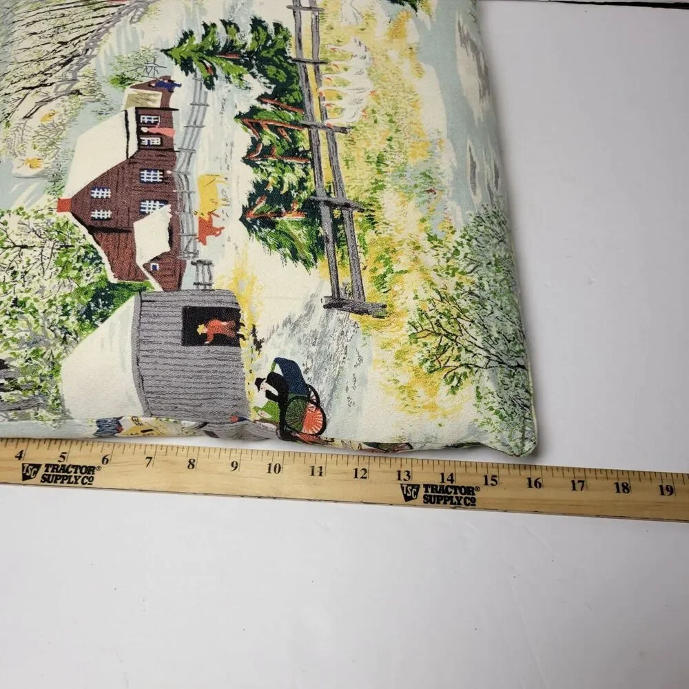 Vtg 50s Grandma Moses Early Springtime Farm Barkcloth Pillows Cushions Pair MCM